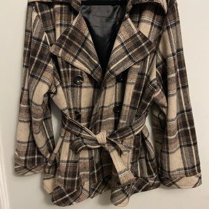 Plus Size Belted Plaid Coat (Peacoat)